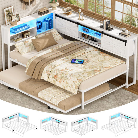 Homieasy Corner Bed Frame with Trundle, Reversible Metal Twin Daybed with LED & Charging Station, Farmhouse Platform Bed Frame with Bookcase Storage for Bedroom Guest/Living Room, White Homieasy