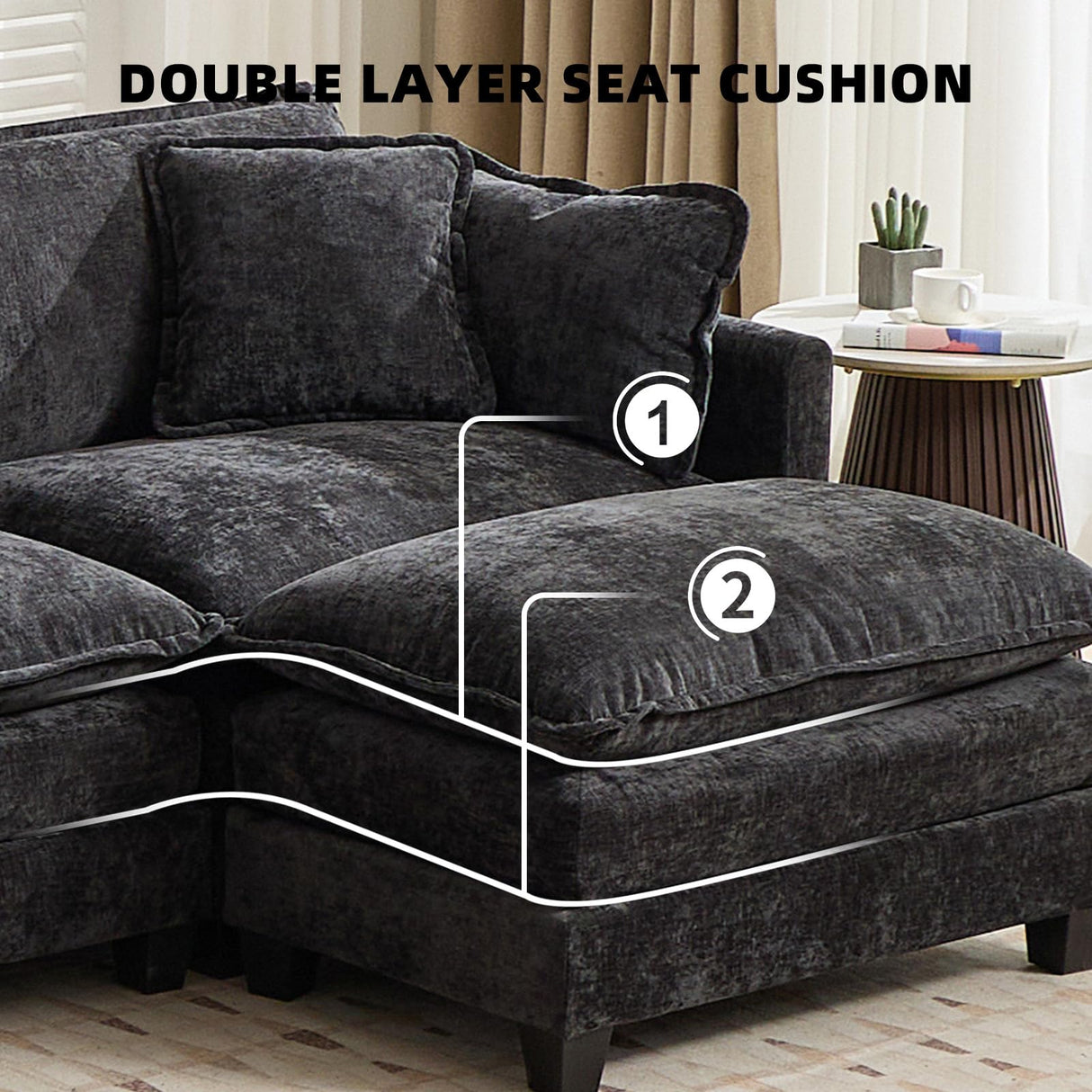 Oversized 149.6" Modular Sectional Sofa - 4 Seater Convertible Chenille Deep Seat Cloud Couch with Ottoman & Pillows for Small Space, Black SoarTalent