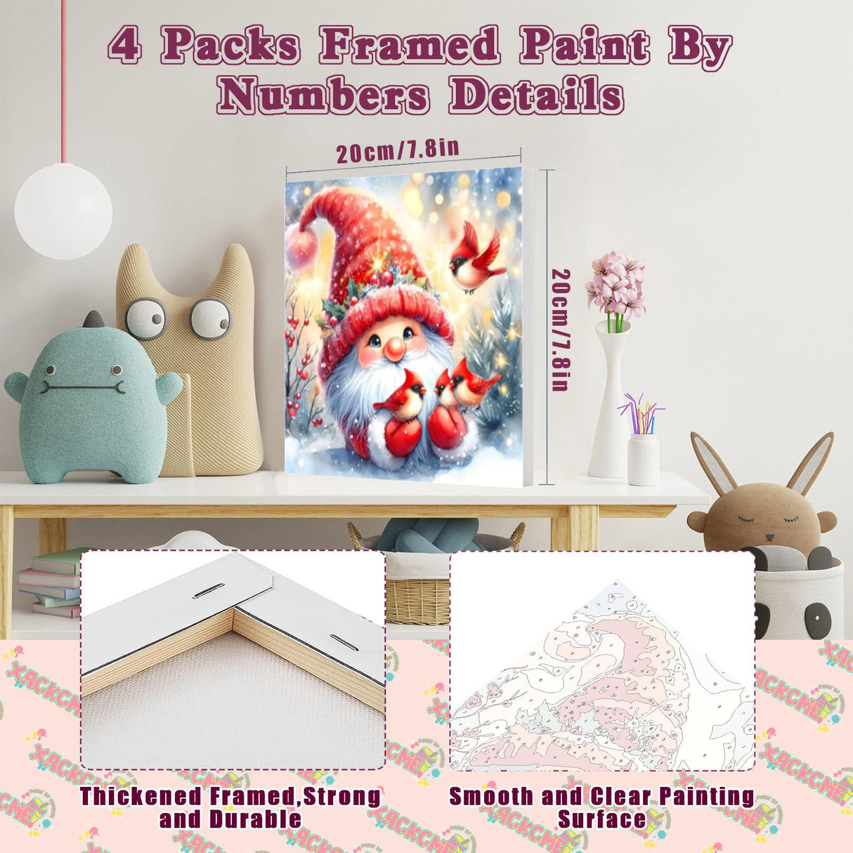 4 Pack Christmas Paint by Number for Kids with Wooden Frame, Paint by Numbers for Kids Xmas Ages 4-8-12, Easy Gnome Snowmen Owl DIY Acrylic Oil Painting Kits for Home Wall Decor (8X8 inch) xackcme