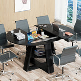 43.3in-59in Extendable Round Conference Table for 4-6 People,Wooden Oval Meeting Room Table with Removable Leaves,Space Saving,Office Table with Storage Shelf for for Office Conference Room Mxtxmy