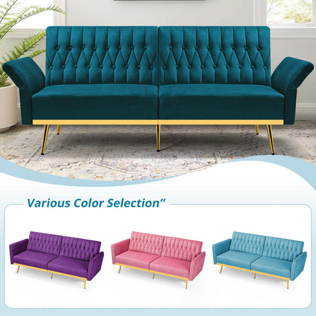 ACMEASE 70” Velvet Futon Sofa Bed w/Adjustable Armrests and Backrest, Convertible Futon Couch w/2 Pillows, Modern Sleeper Bed for Living Room, Bedroom, Teal ACMEASE