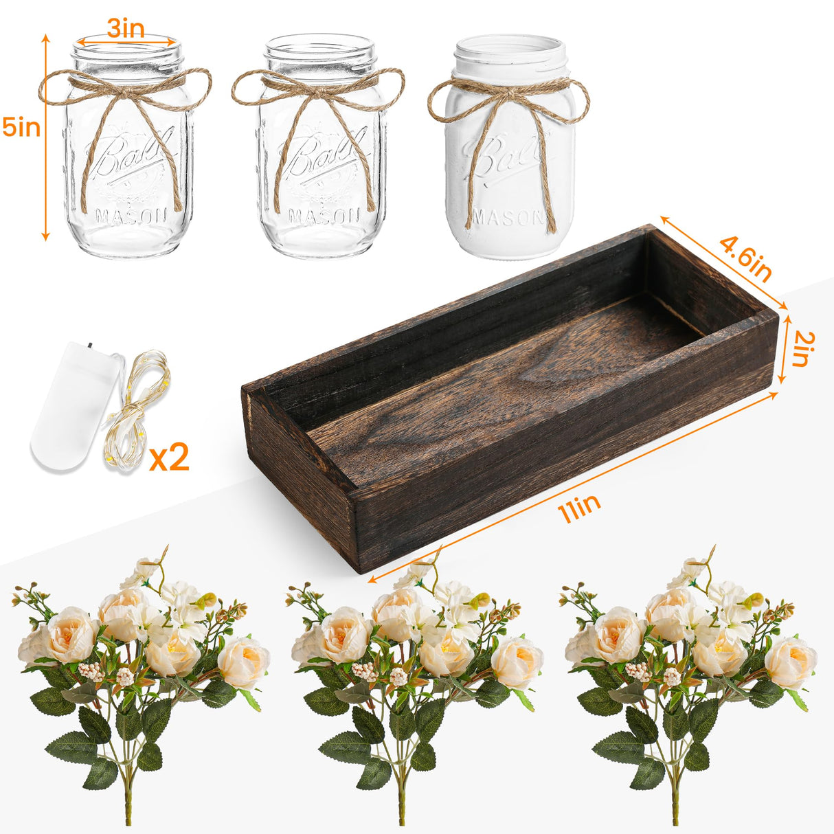 DUOER 3 Pcs Mason Jar Centerpiece Table Decorations for Dining Table Decor Farmhouse Coffee Table Decor with Wood Tray and Led Light Table Centerpieces for Dining room Kitchen Living Bathroom,White DUOER