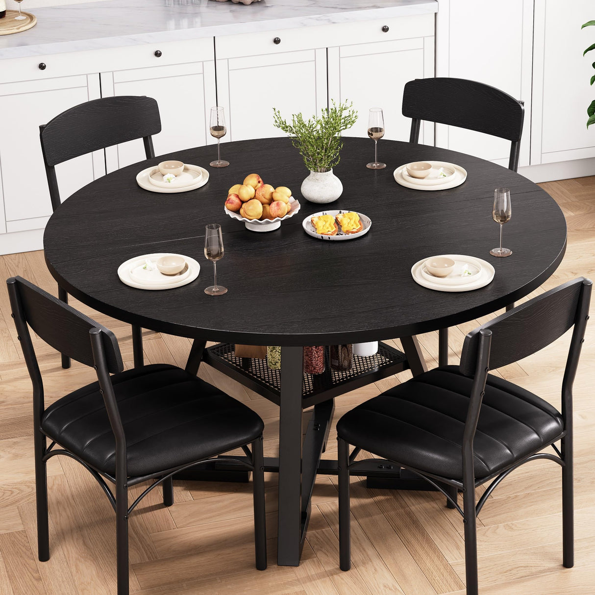Round Dining Table Set for 4, Kitchen Table and Chairs for 4, Circle Table Round Pedestal Dining Room Dinner Dinette Table Set,5 Piece Space Saving Wood Kitchen & Dining Room Tables (Black, 47In) Jocoevol