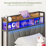 Welzona Twin Bed Frames, Metal Bed Frames with Charging Station, LED Lights Bed Frames with Upholstered Storage Headboard, Sturdy and Noise-Free, Storage Space Under Bed, No Box Spring Needed, Brown Welzona