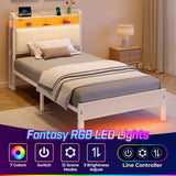 Rolanstar Bed Frame Twin Size with Charging Station and LED Lights, Upholstered Headboard with Storage Shelves, Heavy Duty Metal Slats, No Box Spring Need, Noise Free, Easy Assembly, White Rolanstar
