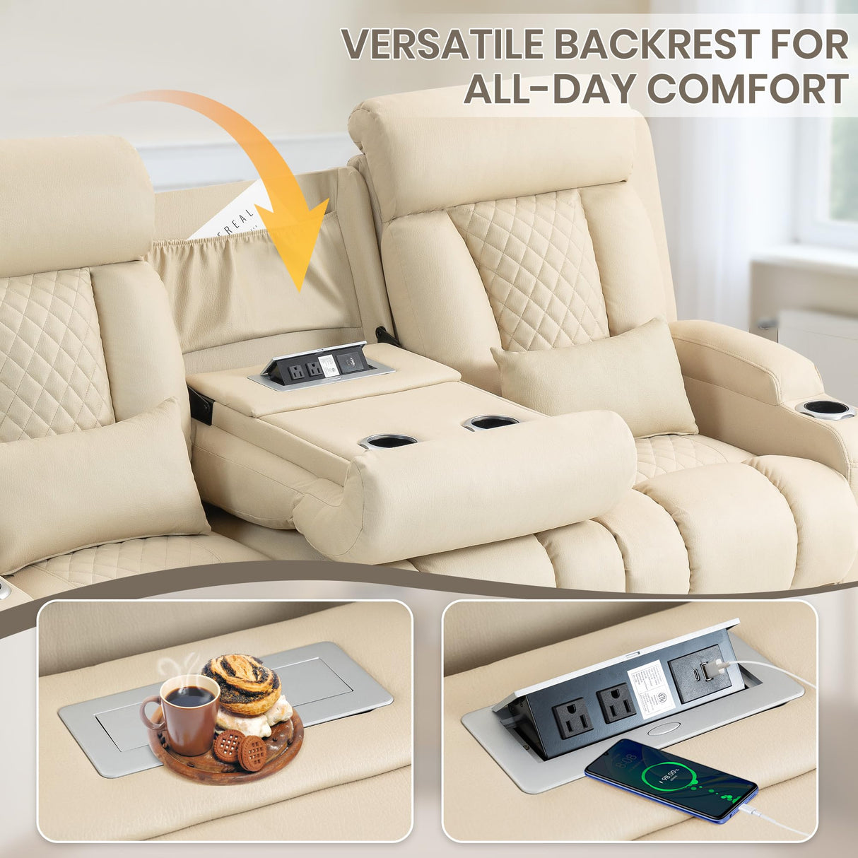 CALIVIA Wall Hugger Power Reclining Sofa with Manual Adjustable Headrests, Electric Recliner Couch with Drop-Down Table, Power Recliner Sofa 3-Seater with Charging Ports for Living Room (Beige) CALIVIA