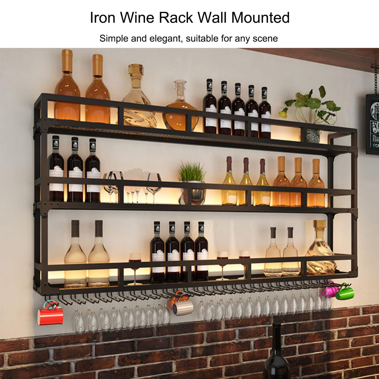 Wall Wine Rack Floating Bar Shelves Wall Mounted with LED Light Liquor Bottle Display Shelf with Hanging Wine Glass Rack Kitchen Wall Shelf Liquor Cabinet Bar Stand for Home Bar Cafe Restaurant(Black, WXZXWXZX