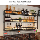 Wall Wine Rack Floating Bar Shelves Wall Mounted with LED Light Liquor Bottle Display Shelf with Hanging Wine Glass Rack Kitchen Wall Shelf Liquor Cabinet Bar Stand for Home Bar Cafe Restaurant(Black, WXZXWXZX
