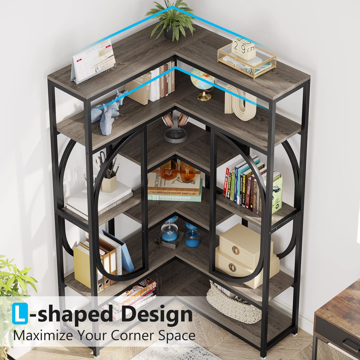Tribesigns L-Shaped 7-Shelf Corner Bookshelf – Modern Grey Bookcase with Metal Frame for Home and Office Tribesigns