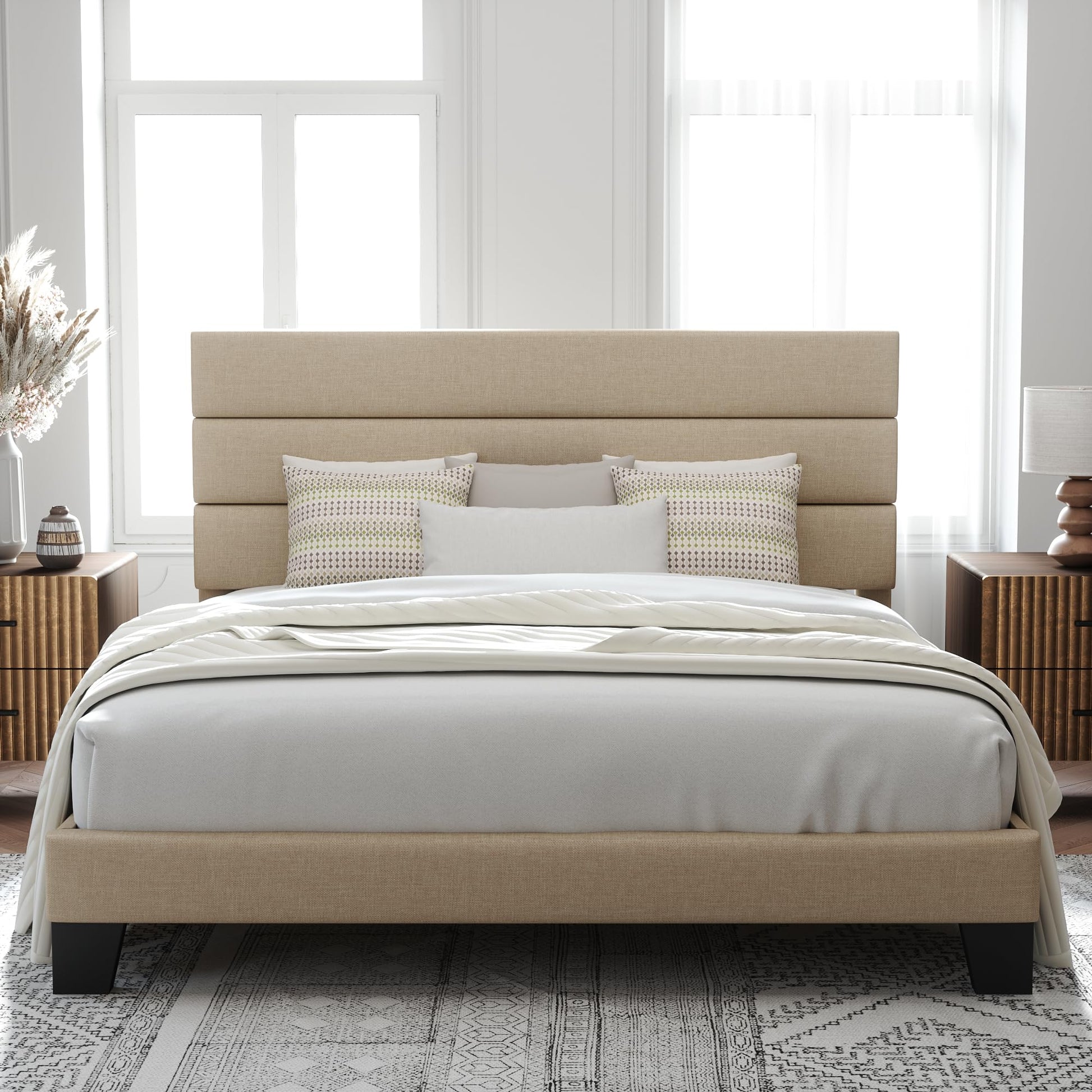 Allewie King Size Upholstered Bed Frame with Wooden Slats - No Box Spring Required, Easy Assembly in Beige - WoodArtSupply