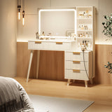 Vanity Desk with Mirror and Lights, Makeup Vanity Desk with Power Outlet, Makeup Desk with 5 Drawers&Storage Shelves, Vanity Table 3 Color Modes Adjustable Brightness Dressing Table Set for Bedroom INNOD