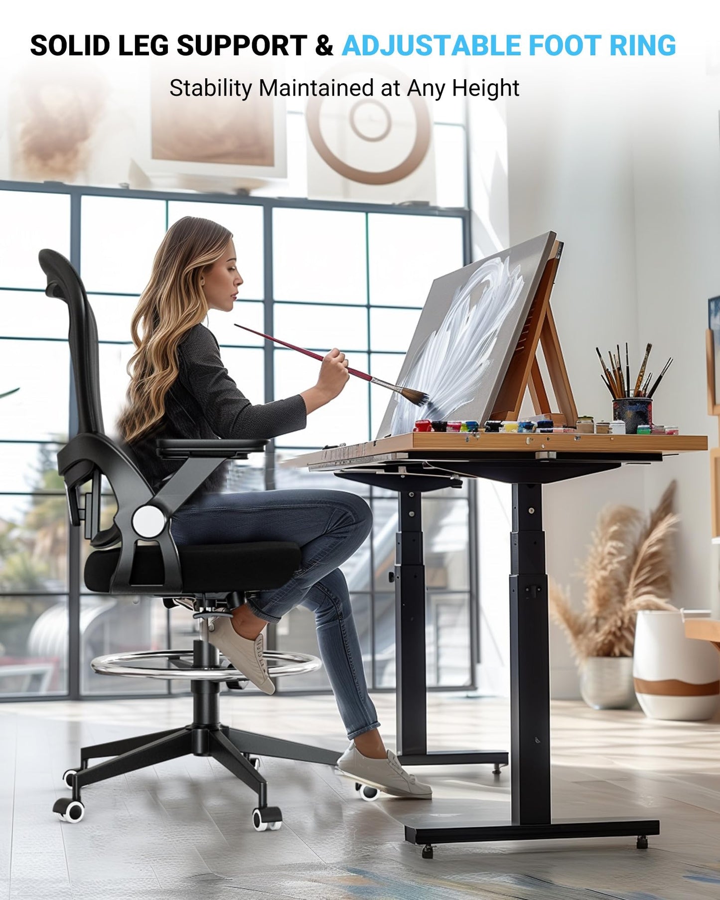 Frylr Drafting Chair Tall Office Chair for Standing Desk - Tall Adjustable, Extended Height Ergonomic Design with Lumbar Support, Counter Height Seat, Heavy Duty Office Chair 400 lbs Capacity, Black