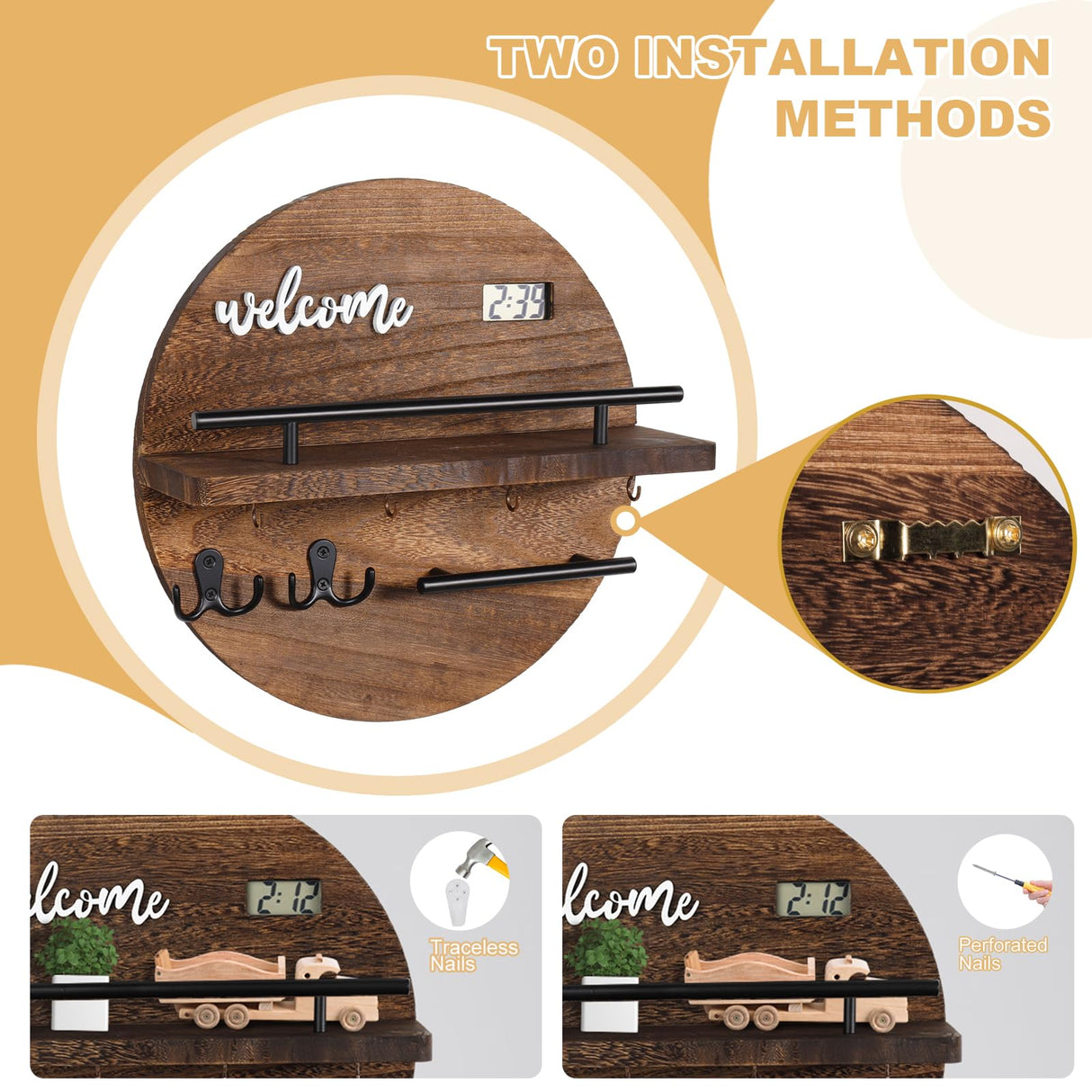 LEIRUOTM Key Holder for Wall, Key and Mail Holder Organizer with - Key Holder Wall Mount - Round Wooden Rustic Home Decor for Entryway, Mudroom, Hallway, Kitchen Office (Brown) LEIRUOTM