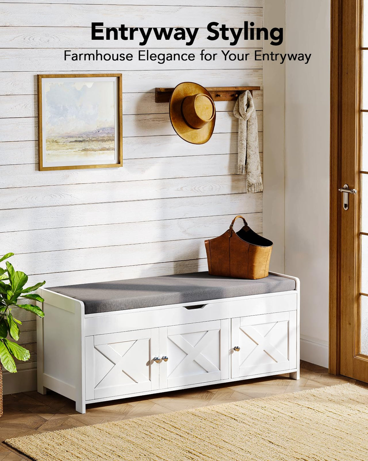 Pipishell 2-Tier Shoe Storage Bench with Cushioned Seat, Entryway Bench with Adjustable Shelf & Barn Doors, 300 lbs Capacity, 43.4" W x 16" D x 18" H, for Entryway, Bedroom, Living Room, White Pipishell