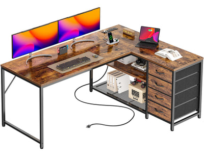 PRAISUN 53" L Shaped Desk with Power Outlets and USB-C Port, Reversible Computer Corner Office Desk with 4 Fabric Drawers and 2 Height-Adjustable Shelves, Large for Gaming Writing Study, Rustic Brown