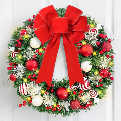 Christmas Wreath Decorations, 20" Christmas Wreaths for Front Door with Red Bow, Christmas Door Wreath with Balls & Berries for Indoor Outdoor Fireplace Wall Window Christmas Decor