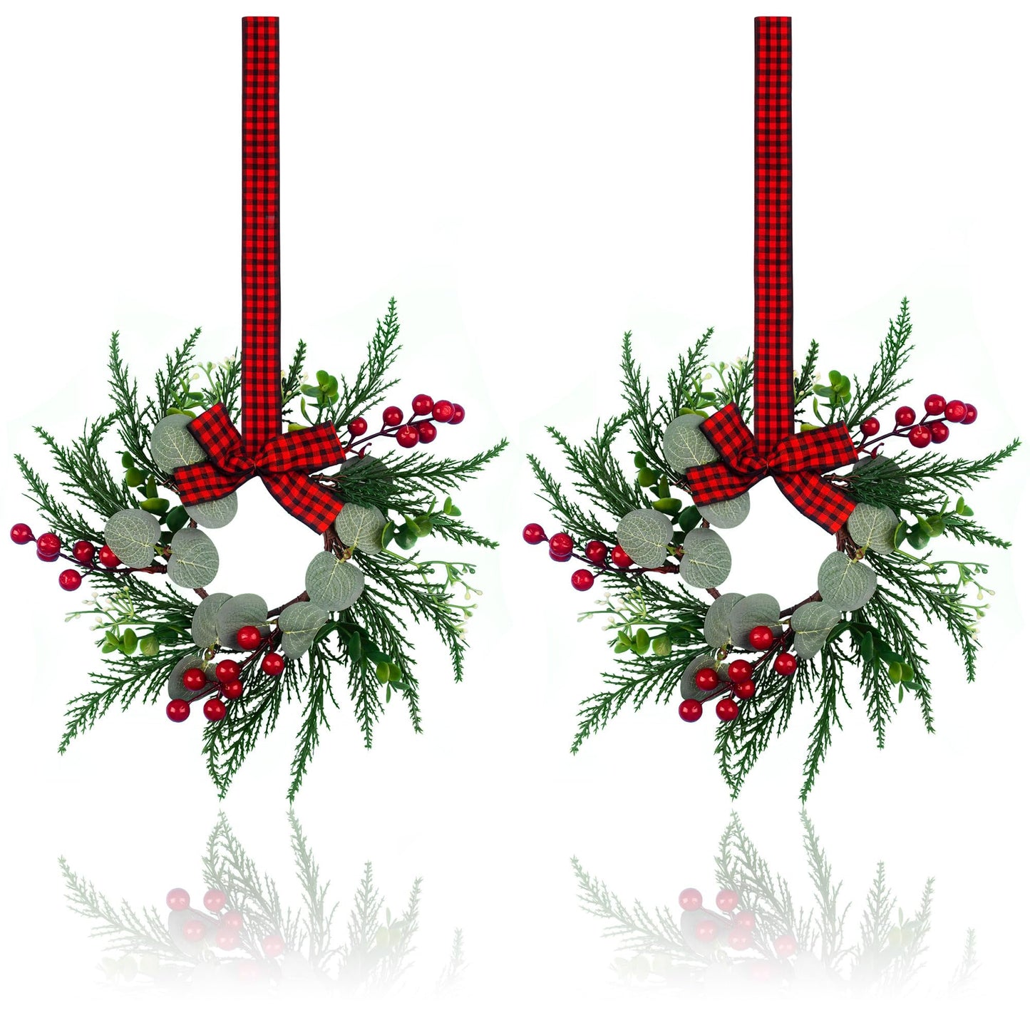 2Pcs Christmas Wreath, 10 Inch Mini Wreaths for Kitchen Cabinets, Christmas Door Wreath, Small Christmas Wreath for Fireplace Window Farmhouse Indoor Home Decorations