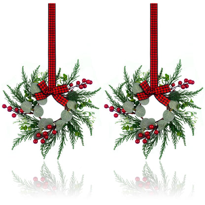 2Pcs Christmas Wreath, 10 Inch Mini Wreaths for Kitchen Cabinets, Christmas Door Wreath, Small Christmas Wreath for Fireplace Window Farmhouse Indoor Home Decorations