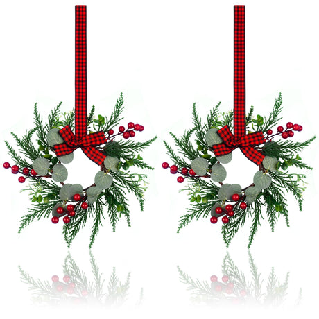 2Pcs Christmas Wreath, 10 Inch Mini Wreaths for Kitchen Cabinets, Christmas Door Wreath, Small Christmas Wreath for Fireplace Window Farmhouse Indoor Home Decorations JUSTOTRY