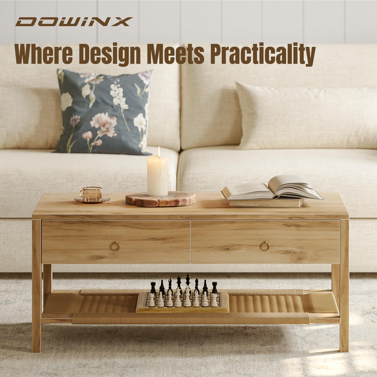 Dowinx Boho Coffee Table with Storage, 42" Wood Coffee Table for Living Room, 2 Storage Drawers and Open Rattan Shelf, Rectangular Living Room Coffee Tables Oak Dowinx