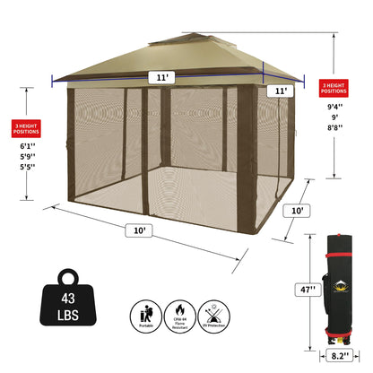 CROWN SHADES 11x11 Pop Up Gazebo, Patented One Push Outoor Canopy Tent with Wheeled STO-N-Go Cover Bag, Pop Up Canopy with Netting for Patio, Backyard (11x11, Beige & Coffee)