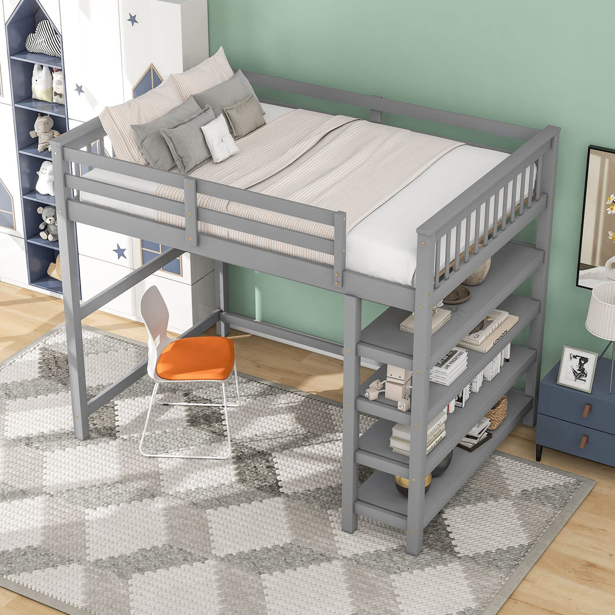 Merax Grey Twin Loft Bed with Under-Bed Desk and 4 Storage Shelves Merax