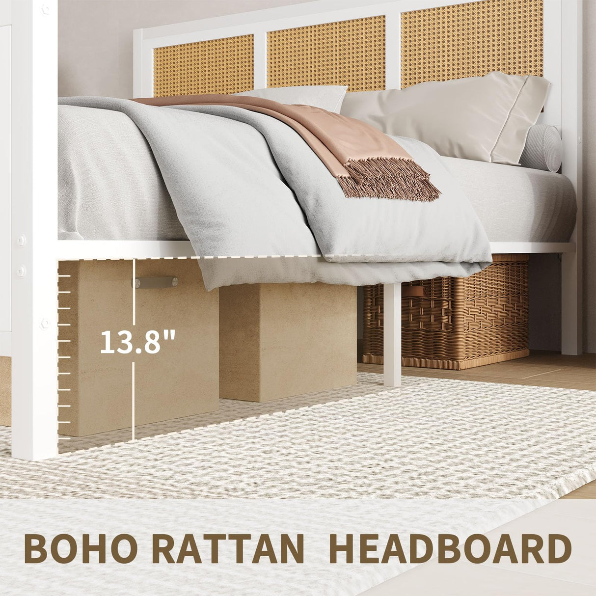 CHABUILDREARK Boho Bed Frame Full, Rattan Bed Frame with Natural Headboard, Metal Platform Bed Full Size with Strong Slats Support, No Box Spring Needed, Noise-Free, Easy Assembly, White CHABUILDREARK