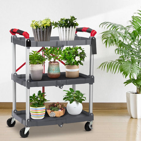 Towallmark Portable Folding Service Cart, 3 Tier Folding Utility Cart, Collapsible Utility Carts for Office, Warehouse, and Home, 56 Lbs Load Capacity per Shelf (Grey & Red) Towallmark