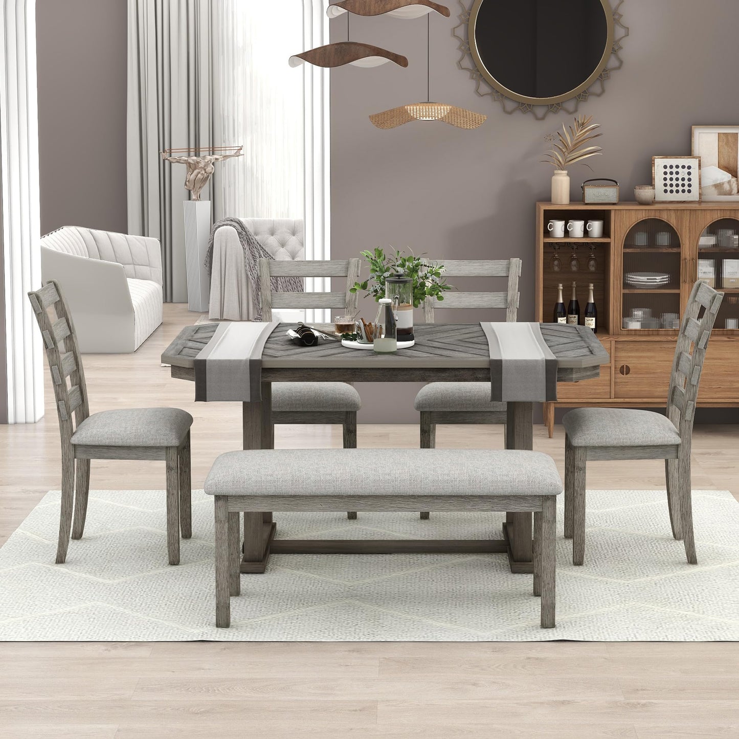 LUMISOL Farmhouse Dining Table Set, 6Pc Kitchen Table Set with 4 Upholstered Chairs & Bench, Solid Wood, Distressed Gray, 60x36 inches, 550LBS Weight Capacity - WoodArtSupply