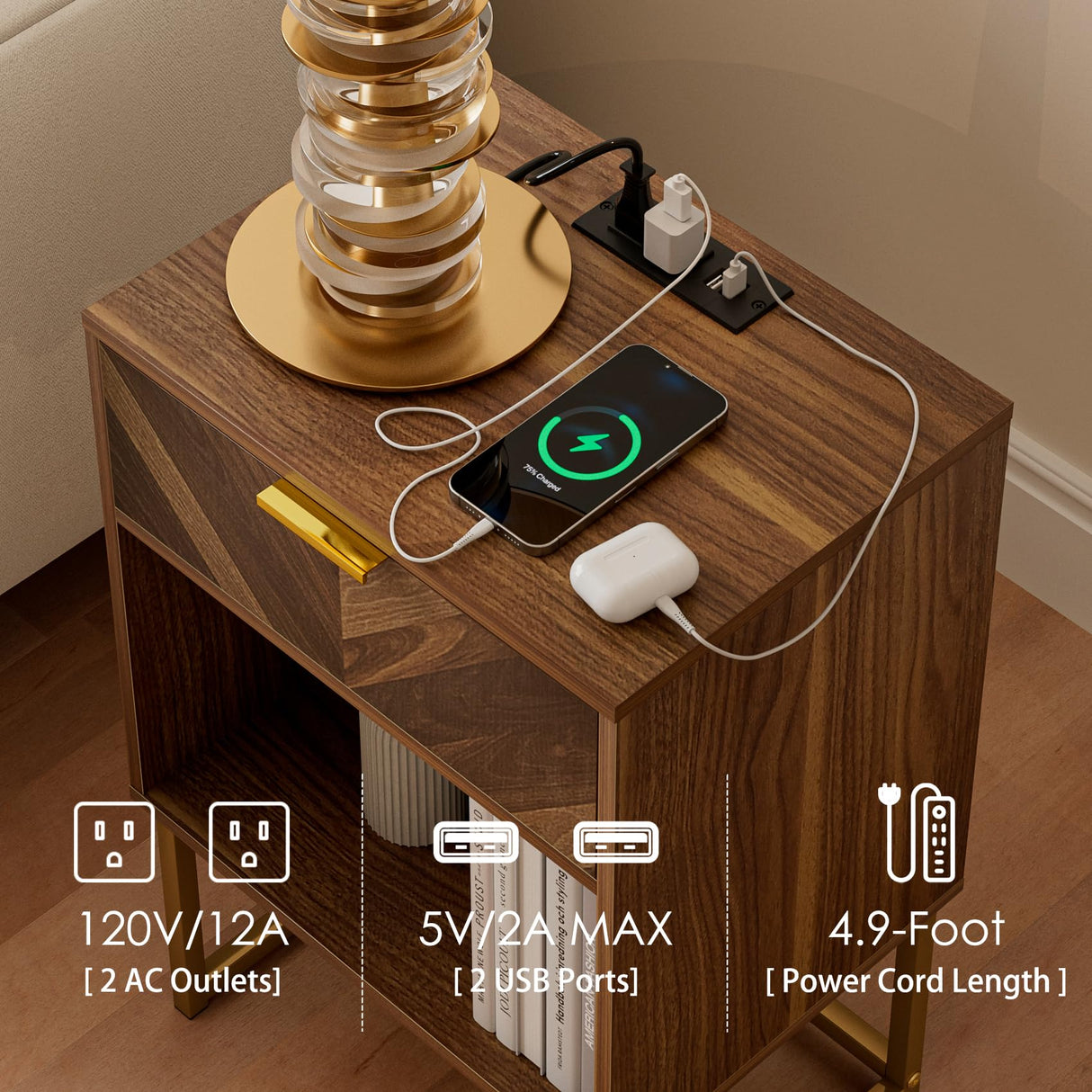 Masupu Nightstand with Charging Station,Modern Night Stand Boho Farmhouse Wood Bedside Table with Storage Drawer Side End Table for Bedroom,Living Room,Office,Walnut Brown with Outlet Masupu