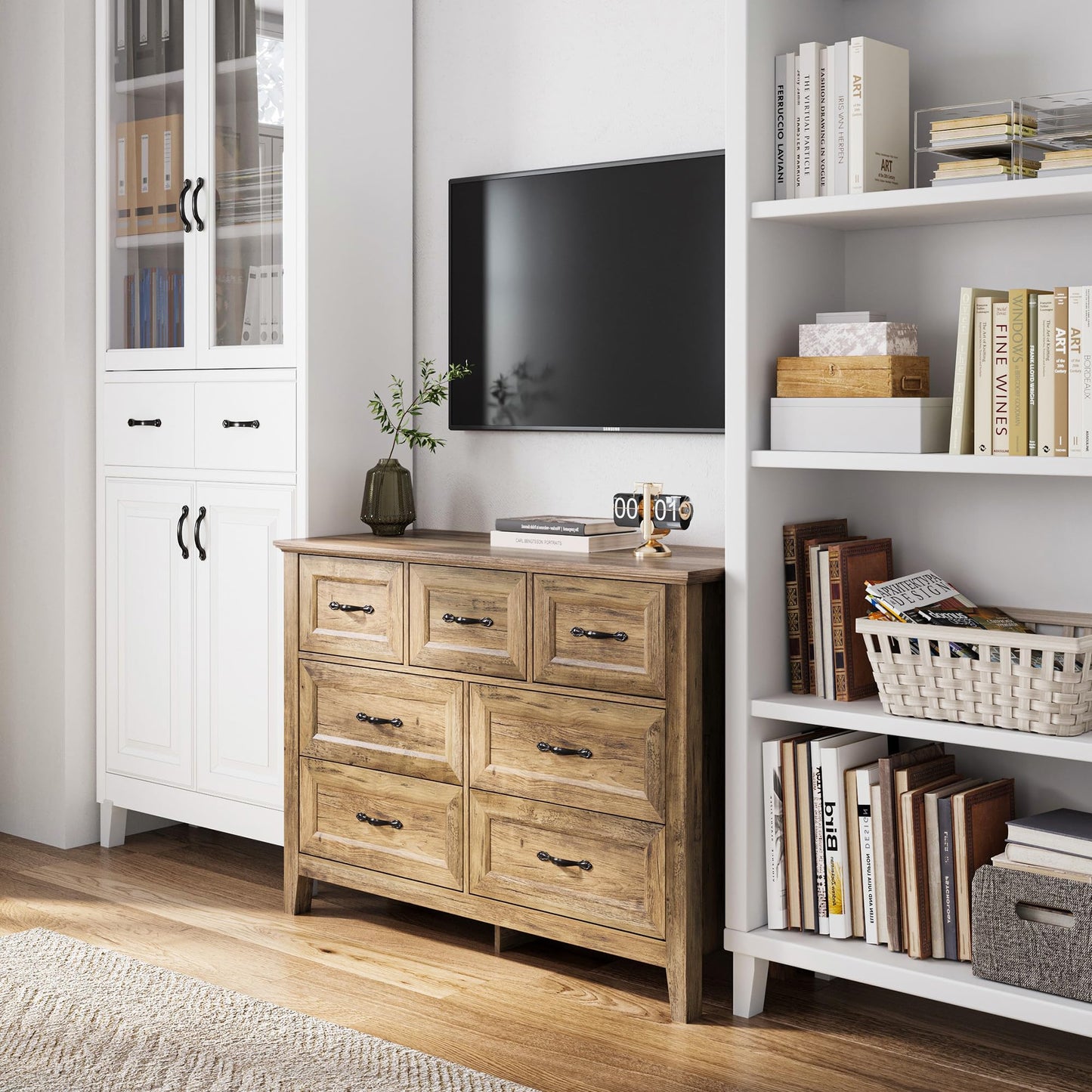 LINSY HOME Dresser for Bedroom, Long Dresser with 7 Drawers, Wood Chest of Drawers with Metal Handles, Ideal for Living Room, Entryway and Hallway