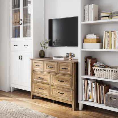 LINSY HOME Dresser for Bedroom, Long Dresser with 7 Drawers, Wood Chest of Drawers with Metal Handles, Ideal for Living Room, Entryway and Hallway