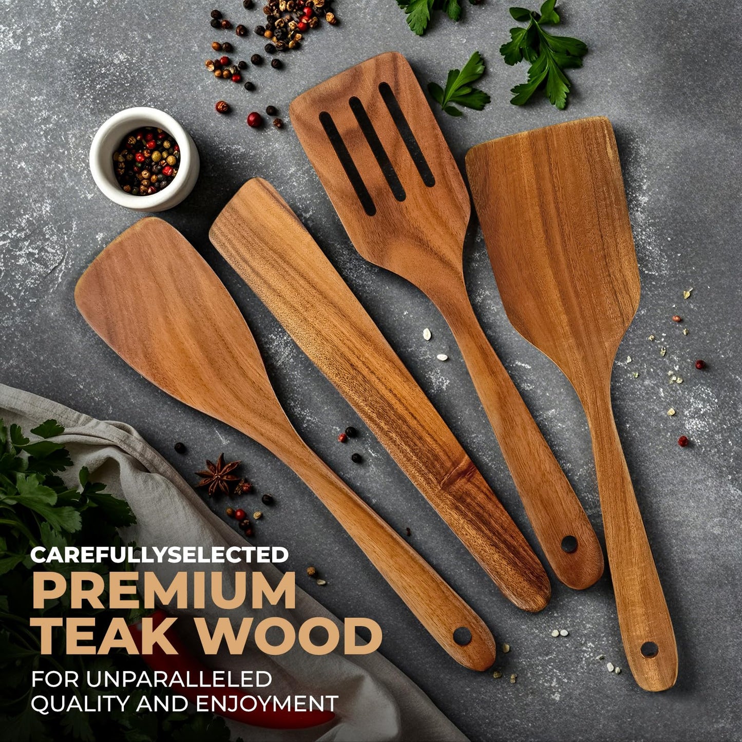 Handmade Wooden Cooking Utensils, Premium Natural Teak Wood Turner Set for Any Cookware, Long Handle Nonstick Spatula for Kitchen Use, Set of 4