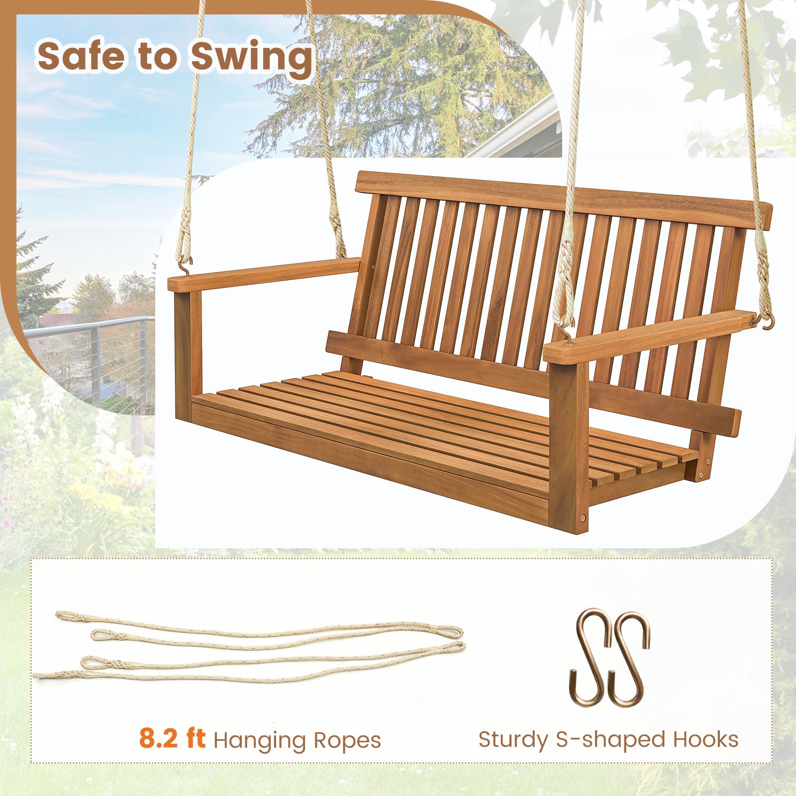 HAPPYGRILL 2-Person Acacia Wood Outdoor Porch Swing, Patio Swing Chair Patio Hanging Bench Chair with 800lb Weight Capacity and 8.2 ft Hanging Ropes - WoodArtSupply