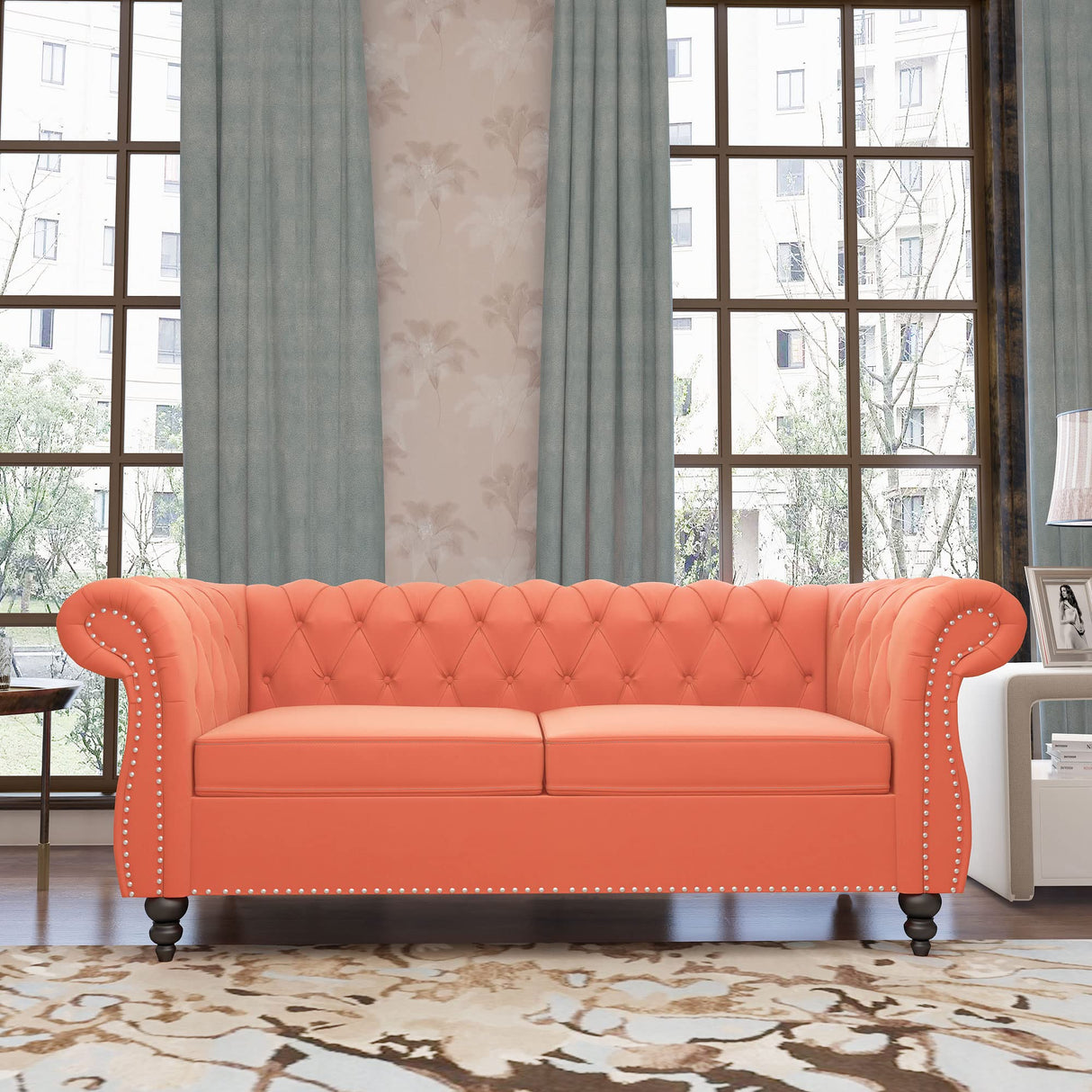QHITTY Accent Sofa, Chesterfield Loveseat Modern Velvet Couch Upholstered Sofa with Tufted Back for Living Room Furniture (Orange) QHITTY