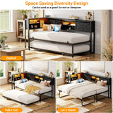 Homieasy Daybed with Pop Up Trundle, Corner Twin Bed Frame with Charging Station & LED, Reversible Twin Day Bed with Storage Bookcase Headboard for Bedroom, Living & Guest Room, Black Homieasy