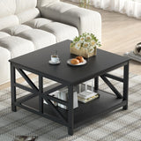 GreenForest Coffee Table with Storage for Living Room, Small Square Center Tables with Seamless One-Piece Tabletop Farmhouse Style, Black GreenForest