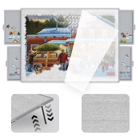 Puzzle Board 1500 Pieces,Jigsaw Puzzle Board with Adjustable Tilting Pole,Felt Surface and Cover,Grey Tilting Puzzle Board with Drawers LEABIOLT