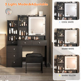 Vabches Vanity Makeup Mirror Desk with Stool,Makeup Vanity Set with 6 Drawers and Shelves,Vanity Table with Power Strip,Vanity Mirror 3 Lighting Color Adjustable,Black Vabches