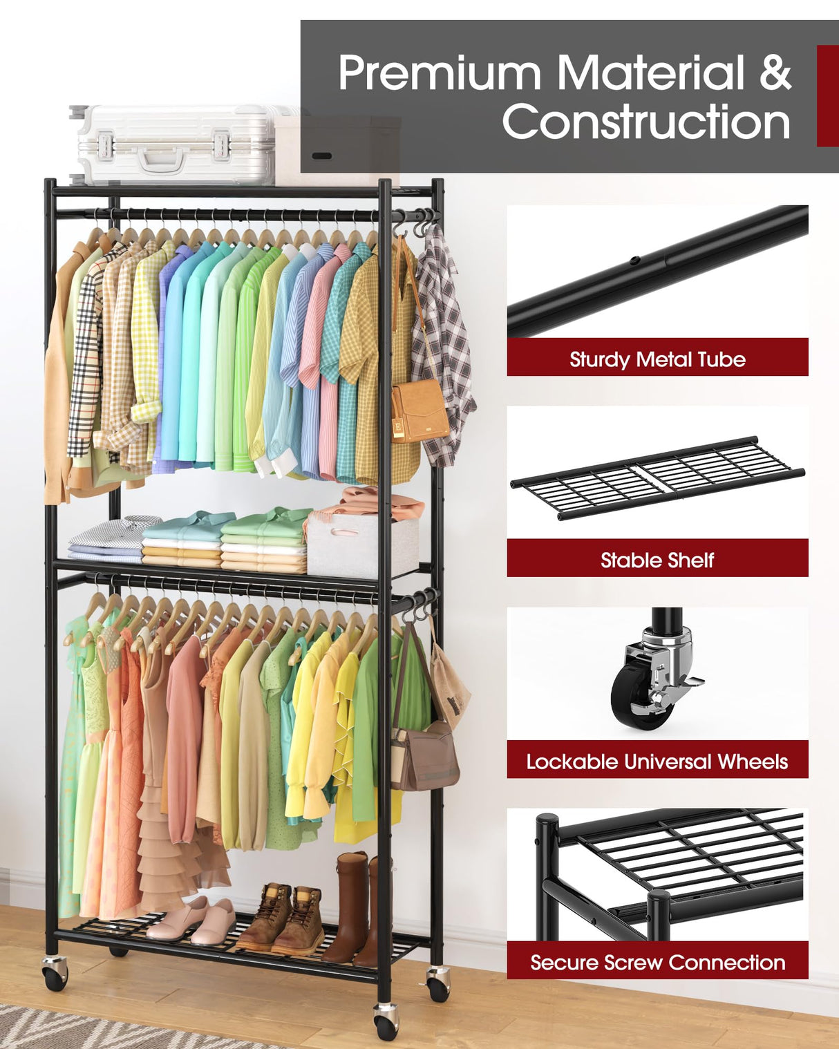 Sakugi Heavy-Duty Clothes Rack - 33.0" x 12.2" x 74.2" Clothing Rack with Shelves & Wheels, Multi-Functional Wardrobe Closet with Hooks, Sturdy Metal Garment Rack for Bedroom, Laundry, Balcony (Black) Sakugi