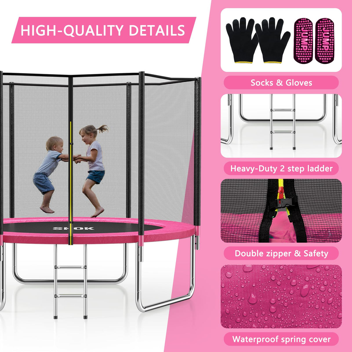 SKOK Pink 8FT Trampolines with Enclosure Net, 400LBS Outdoor Trampolines for Kids -ASTM Approved Trampoline for Children and Adults with Jump Mat,Cover & Ladder SKOK