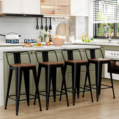 WENTMENT Metal Bar Stools Set of 4 Counter Height Bar Stools Barstools with Removable Back 24" Kitchen Bar Stools with Wooden Seat, Black - WoodArtSupply