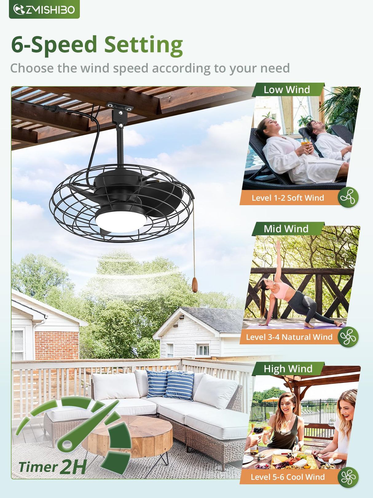ZMISHIBO Outdoor Ceiling Fans with Light for Patios,Waterproof Gazebo Fan with Remote Control Smart App,3CCT Dimmable,Plug in Caged Ceiling Fan with Pull Chain for Porch Pergola,Black ZMISHIBO