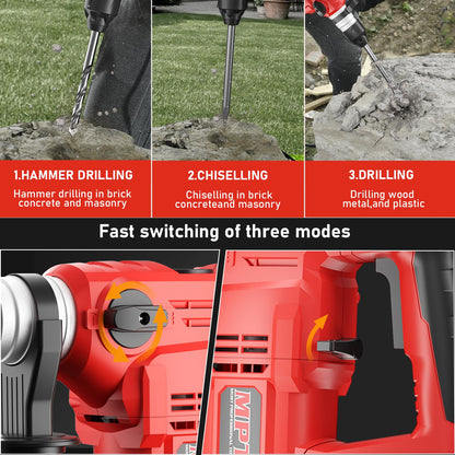 MPT 1-1/4 Inch SDS-Plus 13 Amp Heavy Duty Rotary Hammer Drill With Vibration Control And Safety Clutch,32mm For Concrete Including 5 Drill Bits,Point Chisel,Flat Chisel - WoodArtSupply