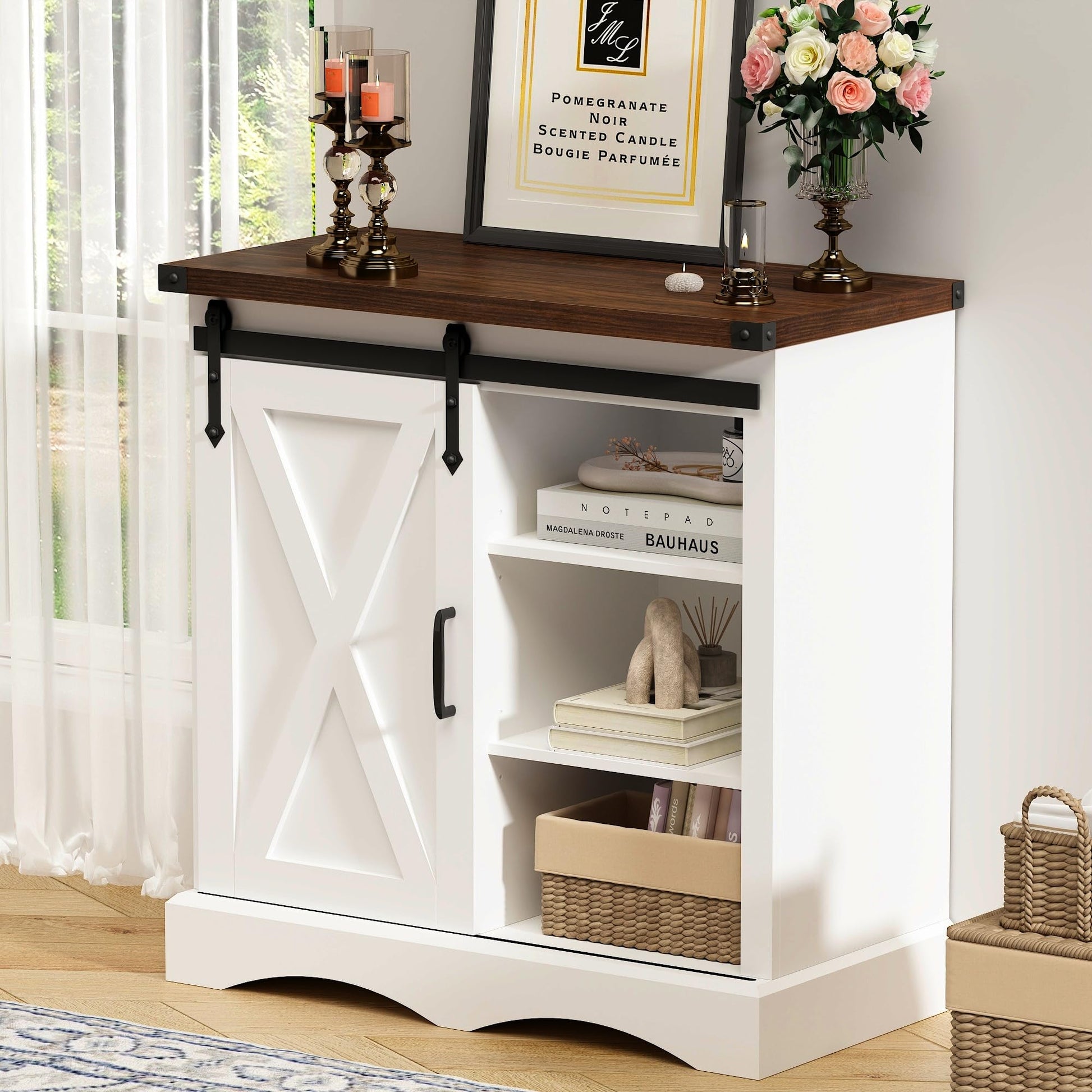 Hlivelood Farmhouse Coffee Bar Cabinet 32“, White Buffet Storage Cabinet with Sliding Barn Door, Kitchen Sideboard Cabinet with Adjustable Shelf for Dining Room Living Room Entryway, White &  - WoodArtSupply