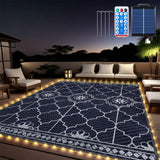 8x10Ft Outdoor Rug, Solar Powered Outdoor Rug with 113LEDs Strip Lights, Waterproof Plastic Reversible Outdoor Straw Rugs, Rugs Mat for House Deck RV Camping Patio Beach Balcony Picnic (Blue White) Capybland