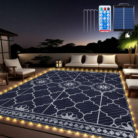 8x10Ft Outdoor Rug, Solar Powered Outdoor Rug with 113LEDs Strip Lights, Waterproof Plastic Reversible Outdoor Straw Rugs, Rugs Mat for House Deck RV Camping Patio Beach Balcony Picnic (Blue White) Capybland