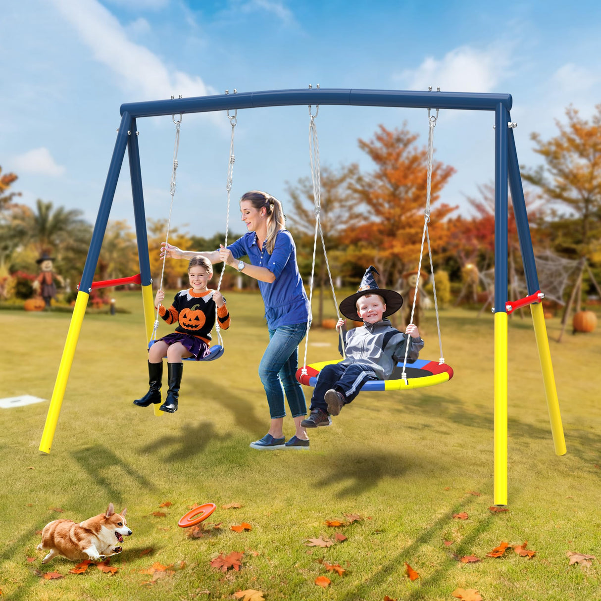 KDYMOD Swing Set for Backyard with Stand, Swing Heavy Duty 440lbs Metal Outdoor Swing Stand, Contain 1 Saucer 32" & 1 Belt seat 26.2" for Playground - Backyard Playset KDYMOD