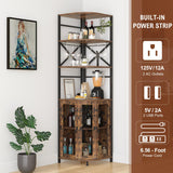 Aufvolr Wine Bar Cabinet with Power Outlet, 6-Tiers Industrial Wine Cabinet with LED Light and Glass Holder, Corner Wine Cabinet with Adjustable Shelf, Liquor Cabinet Bar for Christmas Aufvolr