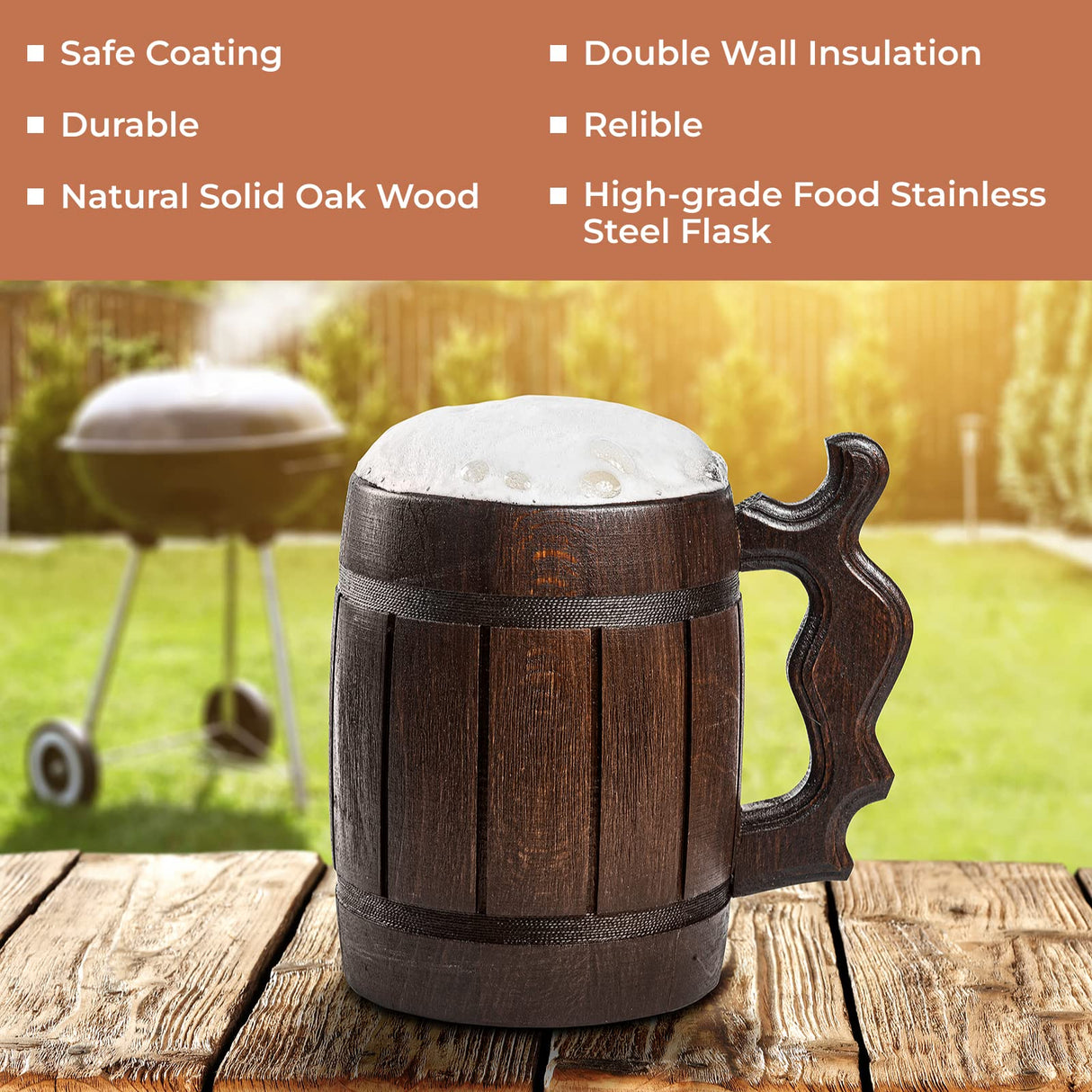 Handmade Wooden Rustic Beer Mug Real Oak Eco-friendly Wood Stainless Steel Cup 20 oz(600ml) Brown3 - Etno Motif Wood Viking Beer Mug Stein - Beer Tankard Irish Retro Halloween - Cowboys Beer Mug HOZPROM